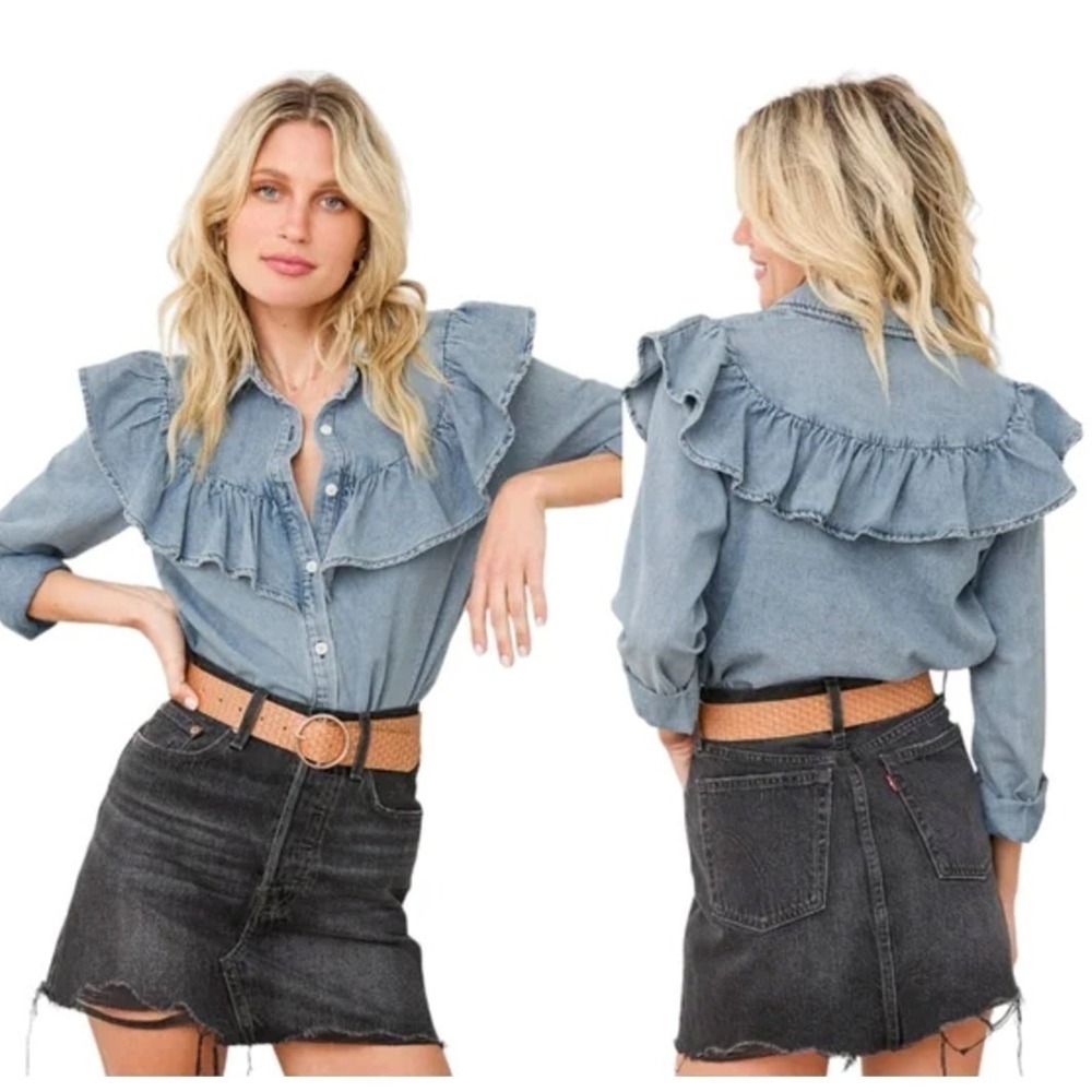 Lulus Denim Top Women Medium Blue Belle of the Moment Ruffle Chambray Button Up